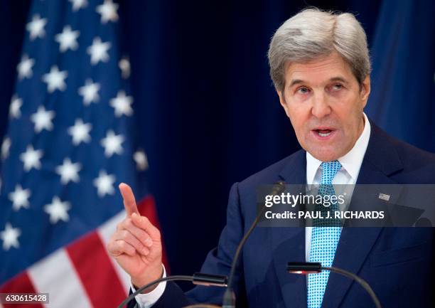 Secretary of State John Kerry lays out his vision for peace between Israel and the Palestinians December 28 in the Dean Acheson Auditorium at the...