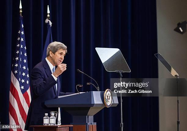 Secretary of State John Kerry delivers a speech on Middle East peace at The U.S. Department of State on December 28, 2016 in Washington, DC. Kerry...