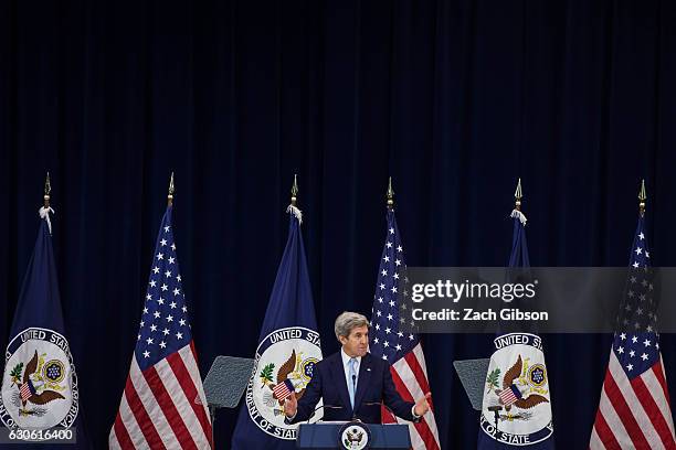 Secretary of State John Kerry delivers a speech on Middle East peace at The U.S. Department of State on December 28, 2016 in Washington, DC. Kerry...