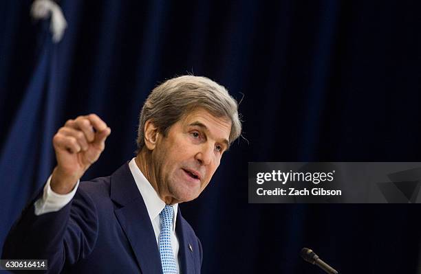 Secretary of State John Kerry delivers a speech on Middle East peace at The U.S. Department of State on December 28, 2016 in Washington, DC. Kerry...