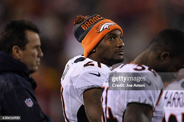 December 26: Cornerback Aqib Talib of the Denver Broncos lines up for the National Anthem at the Kansas City Chiefs at Arrowhead Stadium December 26,...