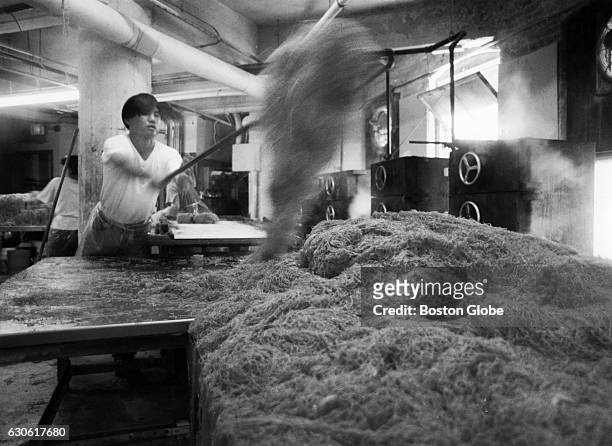Noodles are tossed fresh from the steamer at the Hoy Toy Noodle Company in Boston's Chinatown on June 11, 1991.