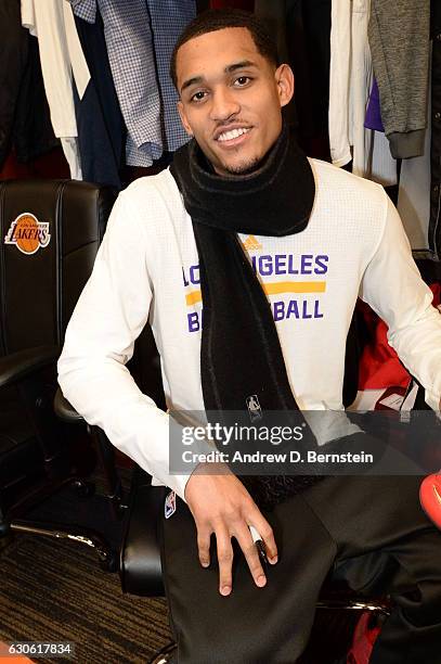 Jordan Clarkson of the Los Angeles Lakers smiles for a photo before the game against the LA Clippers on December 25, 2016 at STAPLES Center in Los...