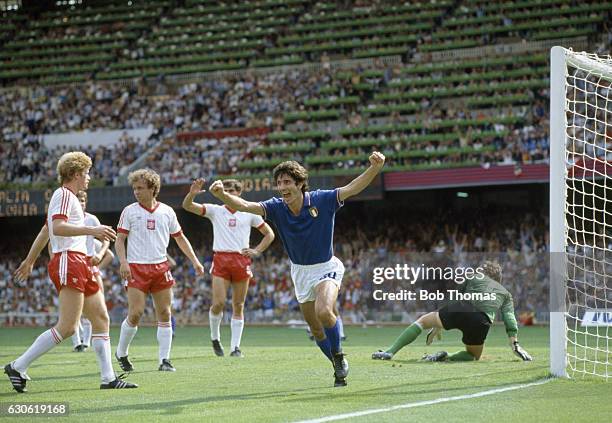 Paolo Rossi of Italy celebrates his goal during the FIFA World Cup Semi-Final against Poland in Barcelona on 8th July 1982. Italy won 2-0.