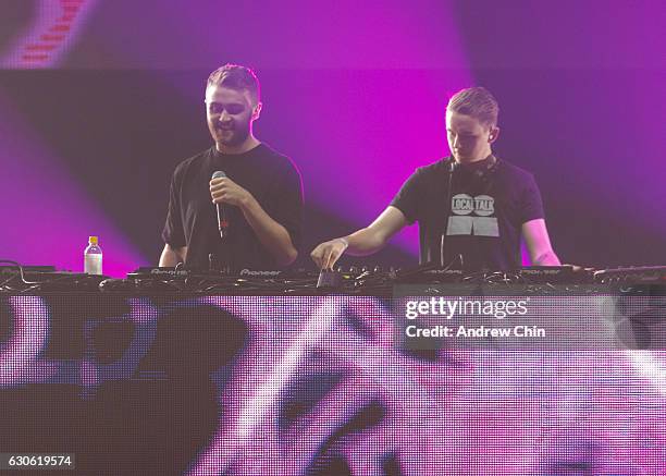 Howard Lawrence and Guy Lawrence of English electronic duo Disclosure perform on stage during day 2 of Contact Winter Music Festival 2016 at BC Place...