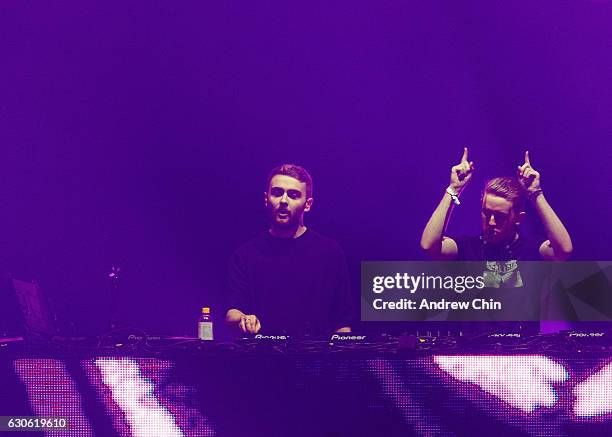 Howard Lawrence and Guy Lawrence of English electronic duo Disclosure perform on stage during day 2 of Contact Winter Music Festival 2016 at BC Place...