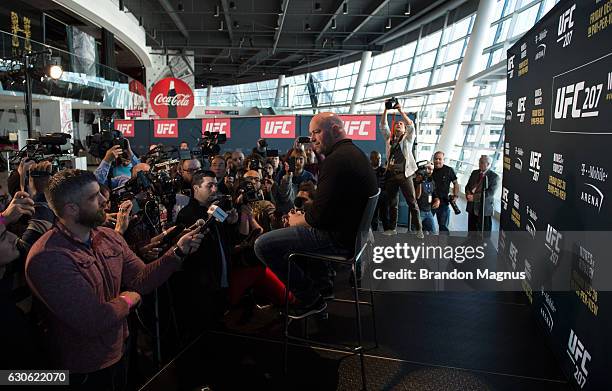 President Dana White speaks to the media during the UFC 207 Ultimate Media Day at T-Mobile Arena on December 28, 2016 in Las Vegas, Nevada.