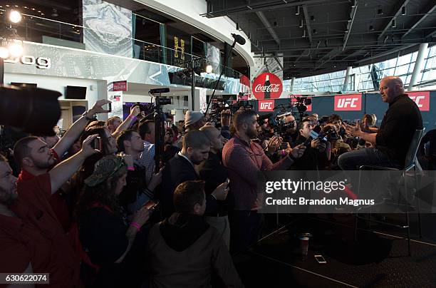 President Dana White speaks to the media during the UFC 207 Ultimate Media Day at T-Mobile Arena on December 28, 2016 in Las Vegas, Nevada.