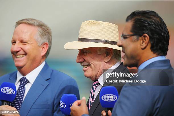 Channel Nine commentators Ian Healy and Ian Chappell speak to camera during day four of the Second Test match between Australia and Pakistan at...