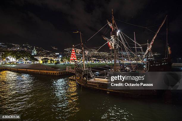 General view of the harbor of Funchal with the Christmas lights and the replica of Christopher Columbus�âs flagship âSANTA MARIAâ on December 29,...