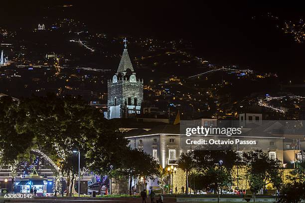 General view of Christmas city lights and for the cathedral from Funchal has been classified as a National Monument since 1910, and constitutes the...
