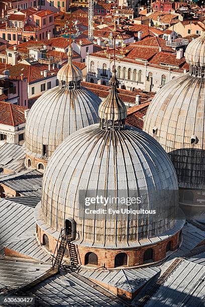 Italy, Venice, St Mark's Basilica, a section of its domes seen from the Campanile di San Marco or bell tower.