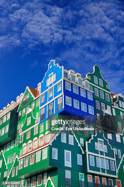 Netherlands, Noord Holland, Zaandam, Frontal view of a section of the Inntel Hotel whose construction design is based on the traditional house...