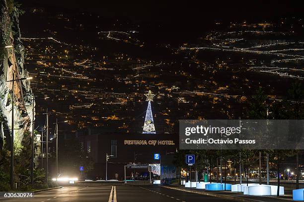 General view of the Christmas city lights whit the Pestana CR7 Hotel, property of the Portuguese football player Cristiano Ronaldo with society of...