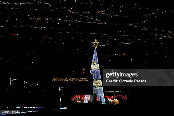 General view of the Christmas city lights whit the Pestana CR7 Hotel, property of the Portuguese football player Cristiano Ronaldo with society of...
