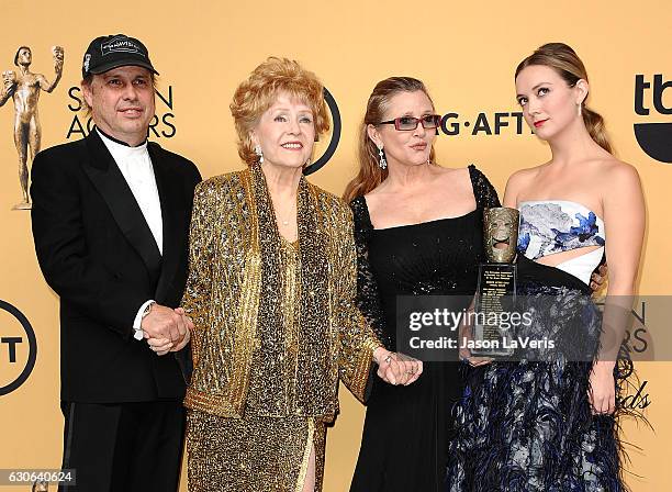 Todd Fisher, actress Debbie Reynolds, actress Carrie Fisher and Billie Lourd pose in the press room at the 21st annual Screen Actors Guild Awards at...