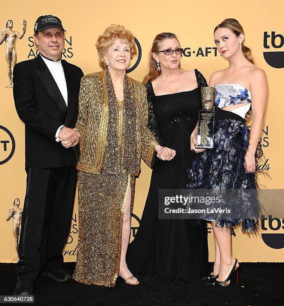 Todd Fisher, actress Debbie Reynolds, actress Carrie Fisher and Billie Lourd pose in the press room at the 21st annual Screen Actors Guild Awards at...