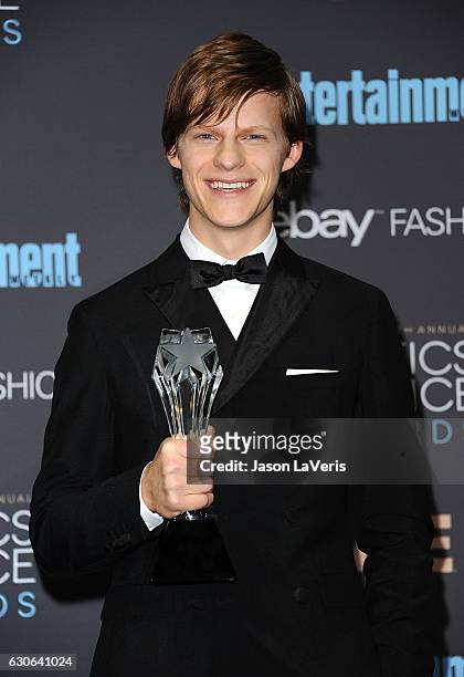 Actor Lucas Hedges poses in the press room at the 22nd annual Critics' Choice Awards at Barker Hangar on December 11, 2016 in Santa Monica,...