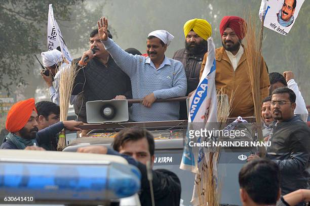 Indian leader of the Aam Aadmi Party and Chief Minister of Delhi, Arvind Kejriwal,, AAP Punjab Convener Gurpreet Ghuggi, , AAP leader Sanjay Singh,,...