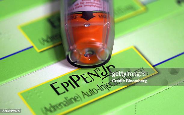 An Epipen Junior epinephrine auto-injector, produced by Meda AB, sits on a pharmacy counter in this arranged photograph in London, U.K., on Thursday,...