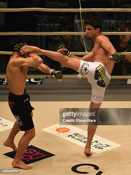 Allan Nascimento of Brazil kicks Yuki Motoya in the bout during the RIZIN Fighting World GP 2016 second round at Saitama Super Arena on December 29,...