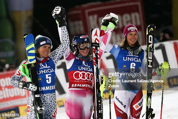 Veronika Velez Zuzulova of Slovakia takes 2nd place, Mikaela Shiffrin of USA takes 1st place, Wendy Holdener of Switzerland takes 3rd place during...