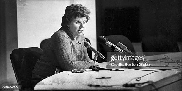 Boston school superintendent Marion Fahey speaks at a press conference on charter reform in Boston on Feb. 16, 1977.