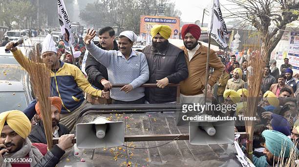 National Convener and Delhi Chief Minister Arvind Kejriwal, candidate from Majitha constituency Himmat Singh Shergill, State Convener Gurpreet Ghuggi...