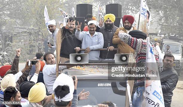 National Convener and Delhi Chief Minister Arvind Kejriwal, candidate from Majitha constituency Himmat Singh Shergill, State Convener Gurpreet Ghuggi...