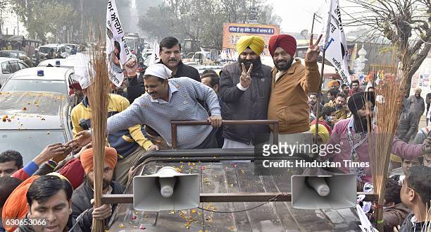 National Convener and Delhi Chief Minister Arvind Kejriwal, candidate from Majitha constituency Himmat Singh Shergill, State Convener Gurpreet Ghuggi...