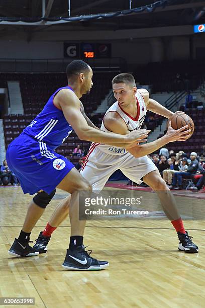 Singler of the Raptors 905 looks to drive to the basket against the Delaware 87ers during the NBA D-League game on December 27 at the Hershey Centre...