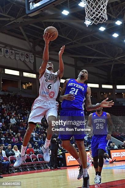 Axel Toupane of the Raptors 905 drives to the basket against the Delaware 87ers during the NBA D-League game on December 27 at the Hershey Centre in...