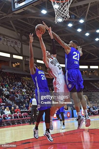Will Sheehey of the Raptors 905 drives to the basket against the Delaware 87ers during the NBA D-League game on December 27 at the Hershey Centre in...