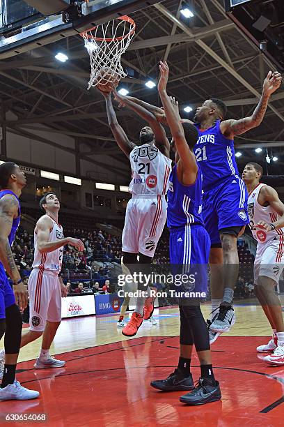 Leslie of the Raptors 905 drives to the basket against the Delaware 87ers during the NBA D-League game on December 27 at the Hershey Centre in...