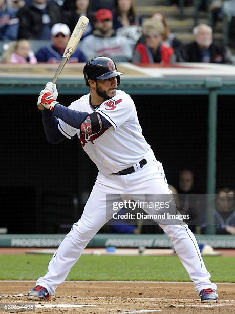 Thirdbaseman Mike Aviles of the Cleveland Indians bats during a game against the Kansas City Royals on April 27, 2015 at Progressive Field in...