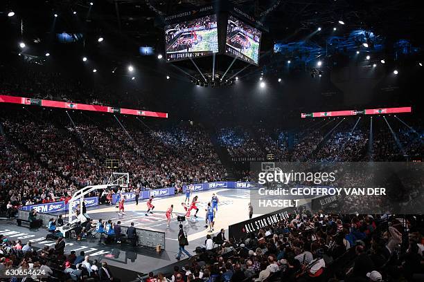 Photo shows an overview of the arena during an All Star Game basketball match of the French Ligue Nationale de Basket between a selection of the best...