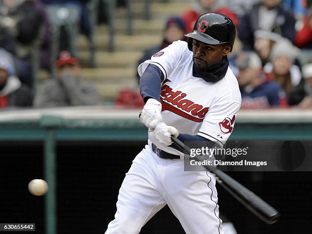 Centerfielder Michael Bourn of the Cleveland Indians bats during a game against the Kansas City Royals on April 27, 2015 at Progressive Field in...