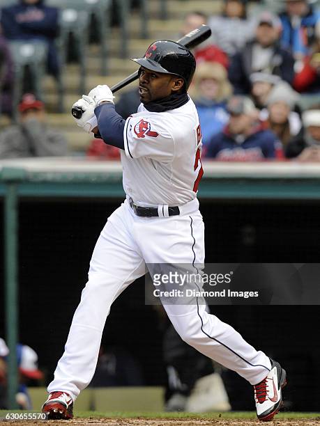 Centerfielder Michael Bourn of the Cleveland Indians bats during a game against the Kansas City Royals on April 27, 2015 at Progressive Field in...