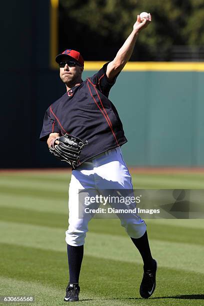 Rightfielder David Murphy of the Cleveland Indians warms up prior to a game against the Toronto Blue Jays on May 1, 2015 at Progressive Field in...