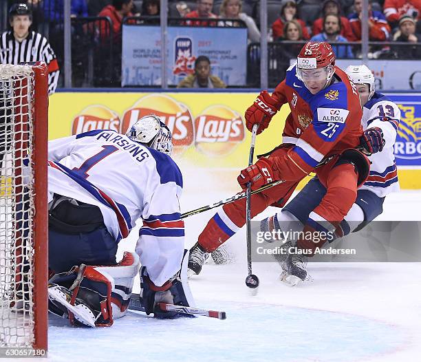 Tyler Parsons of Team USA gets set to stop Yakov Trenin of Team Russia during a preliminary game at the 2017 IIHF World Junior Hockey Championship at...