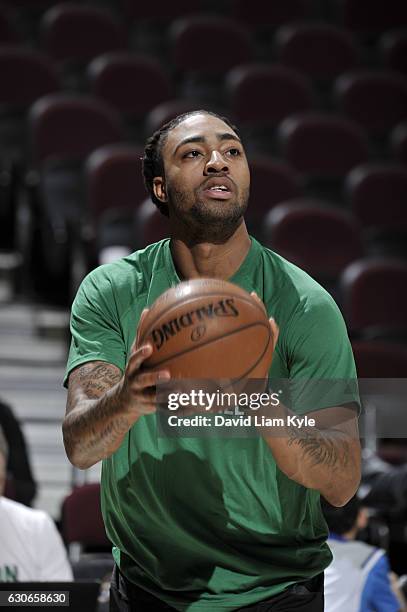 James Young of the Boston Celtics warms up before a game against the Cleveland Cavaliers on December 29, 2016 at Quicken Loans Arena in Cleveland,...
