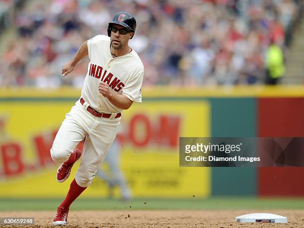 Leftfielder David Murphy of the Cleveland Indians runs rounds second base during a game against the Cincinnati Reds on May 24, 2015 at Progressive...
