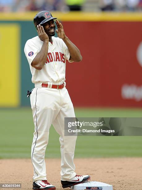 Centerfielder Michael Bourn of the Cleveland Indians stands at second base after taking the place of leftfielder David Murphy during a game against...