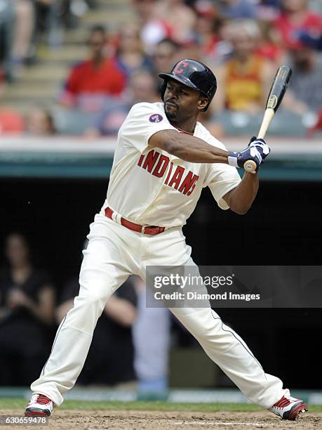 Centerfielder Michael Bourn of the Cleveland Indians bats during a game against the Cincinnati Reds on May 24, 2015 at Progressive Field in...