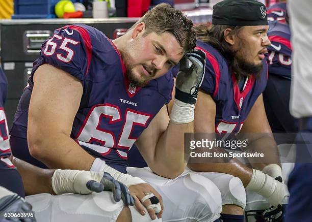 Houston Texans center Greg Mancz rests on the sideline during the NFL game between the Cincinnati Bengals and Houston Texans on December 24 at NRG...