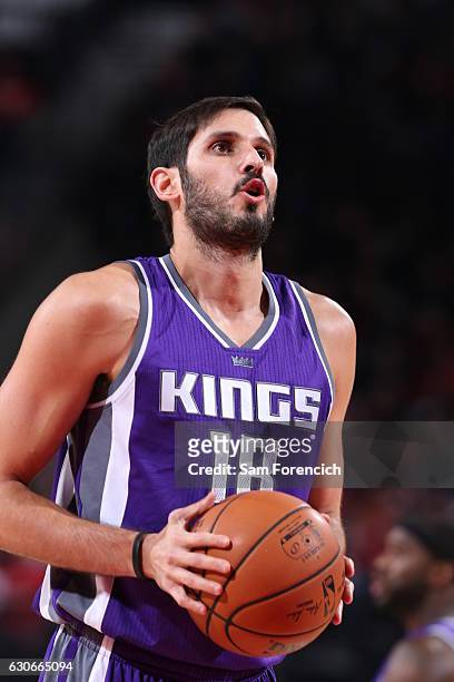 Omri Casspi of the Sacramento Kings shoots a free throw against the Portland Trail Blazers on December 28, 2016 at the Moda Center in Portland,...