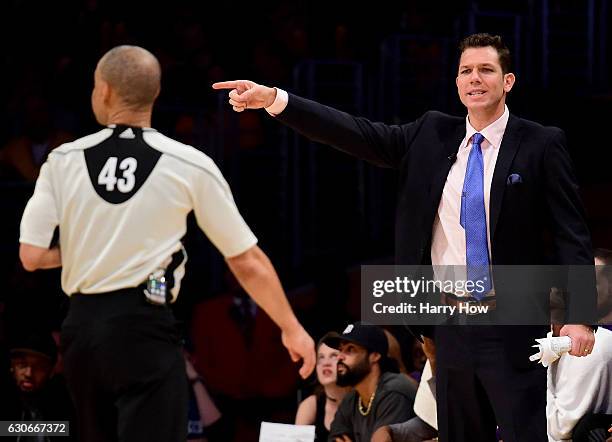 Luke Walton of the Los Angeles Lakers argues a call with referee Dan Crawford during a 101-89 Dallas Mavericks win at Staples Center on December 29,...
