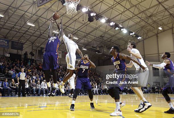 Damian Jones of the Santa Cruz Warriors rebounds the ball against the Northern Arizona Suns during the game on December 29, 2016 at Kaiser Permanente...