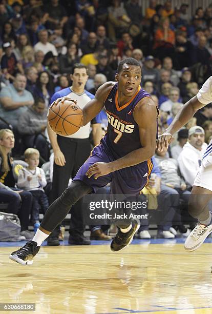 Elijah Millsap of the Northern Arizona Suns dribbles the ball against the Santa Cruz Warriors during the game on December 29, 2016 at Kaiser...