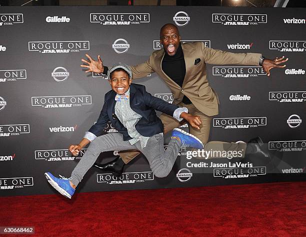 Actor Terry Crews and son Isaiah Crews attend the premiere of "Rogue One: A Star Wars Story" at the Pantages Theatre on December 10, 2016 in...